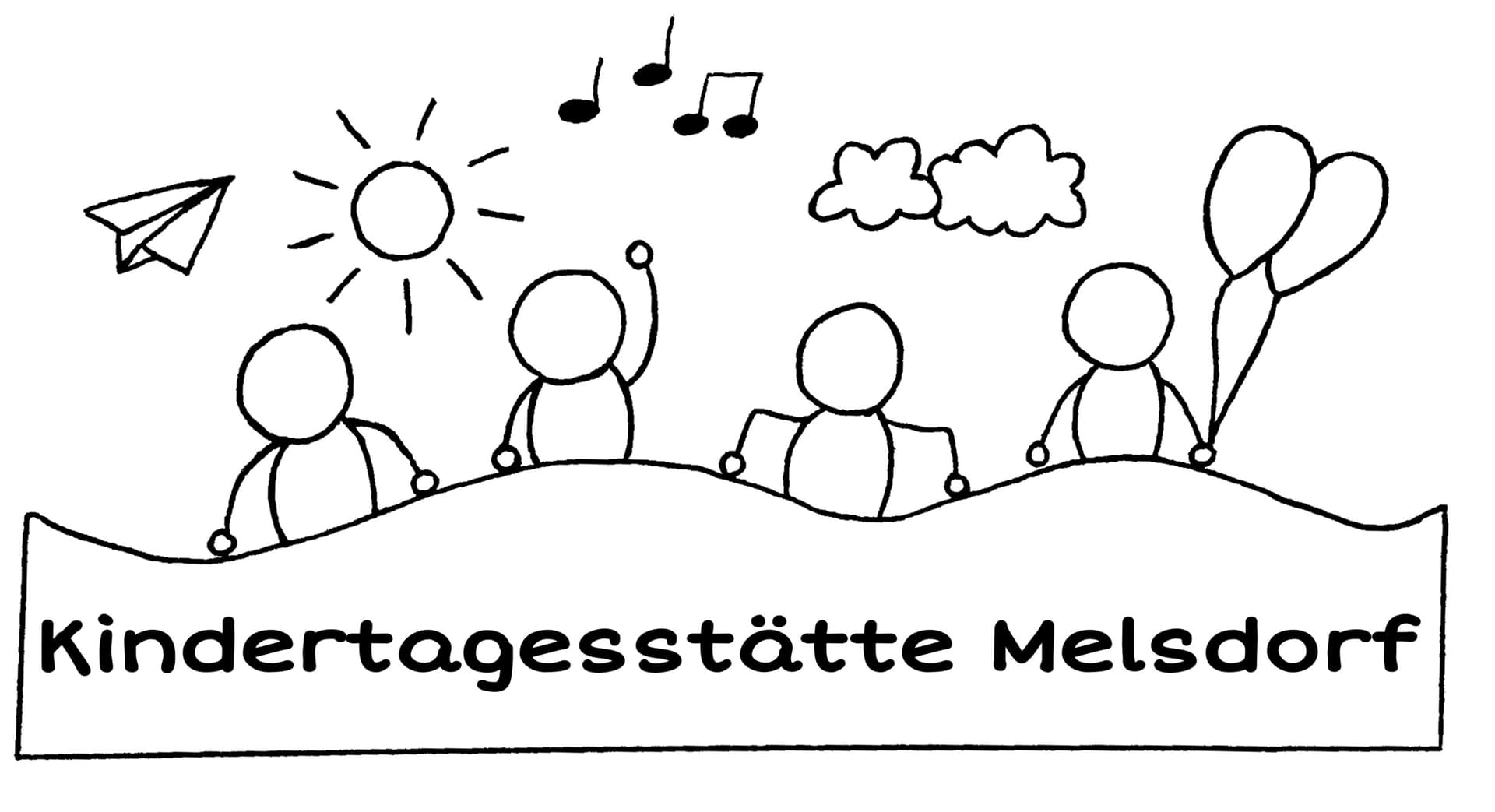 Originales Logo der Kindertagesstätte Melsdorf mit vier gezeichneten Kindern